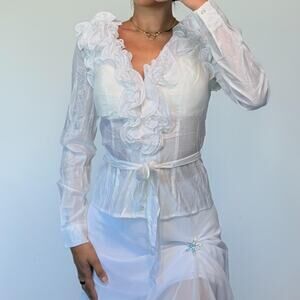 White Long Sleeve Ruffled Top M